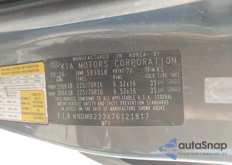 2007 Kia Sedona Lx z USA, uszkodzony, nr VIN KNDMB233X76121817